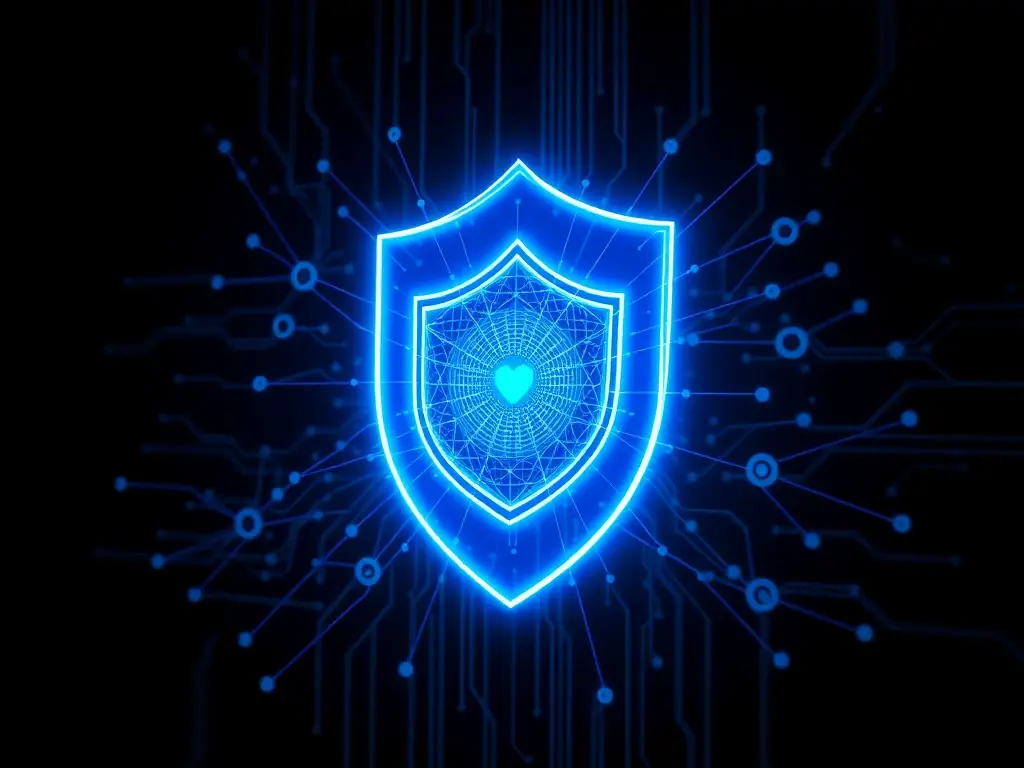 A digital shield overlaying a network diagram, symbolizing robust cybersecurity measures, representing Security Management.