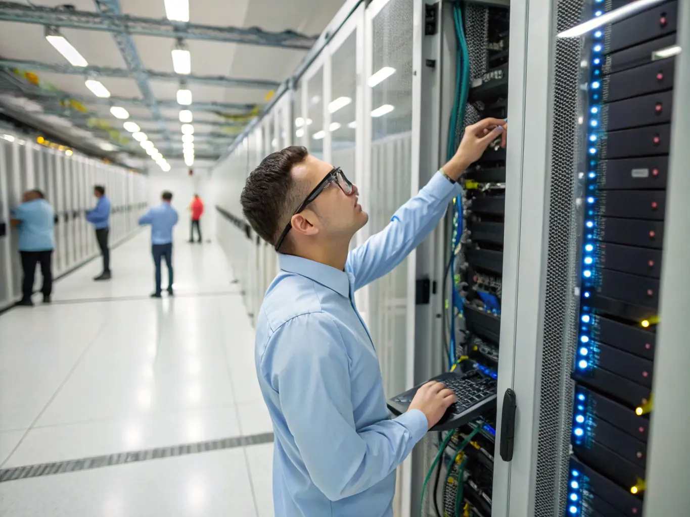 A technician performing system updates on a server, emphasizing security and performance. The server room is clean and well-organized.