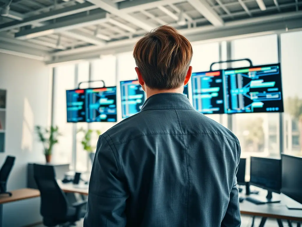 An IT technician remotely accessing a computer to diagnose issues, with a focus on efficiency and professionalism, showcasing Remote System Troubleshooting.