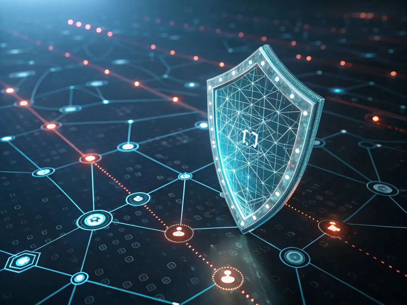 A digital shield overlaying a network diagram, symbolizing robust cybersecurity measures. The shield is glowing and the network diagram is intricate.