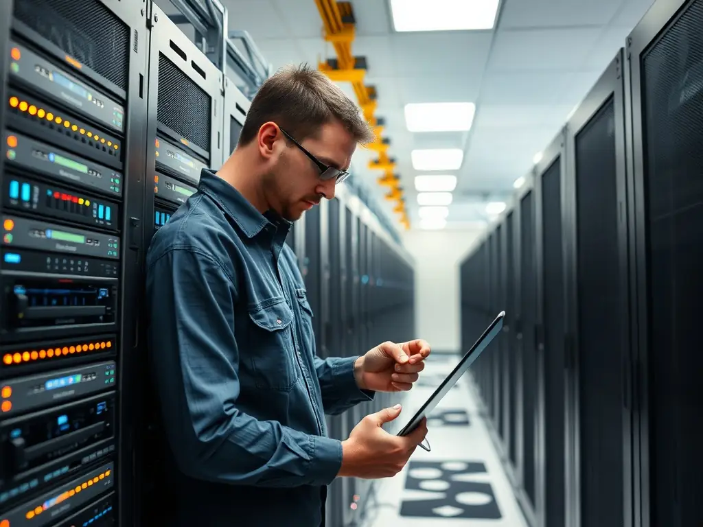 A technician performing system updates on a server, emphasizing security and performance, illustrating System Updates & Maintenance.
